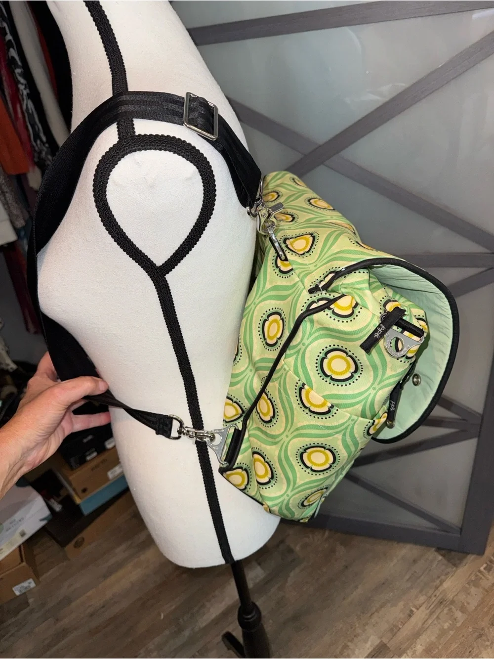 Petunia Pickle Bottom Mint Green and Yellow Patterned Diaper Bag